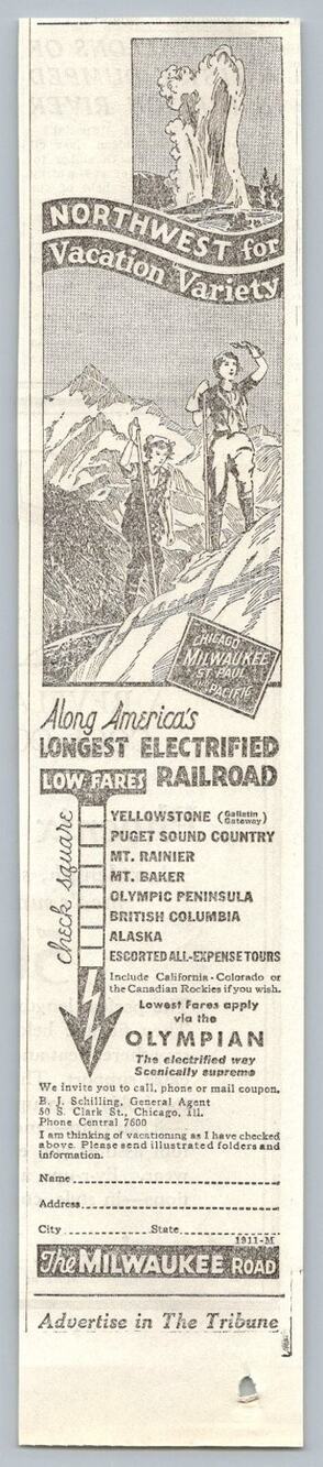 1933 Milwaukee Road Railroad Advertisement Yellowstone Mt Rainier Ephemera